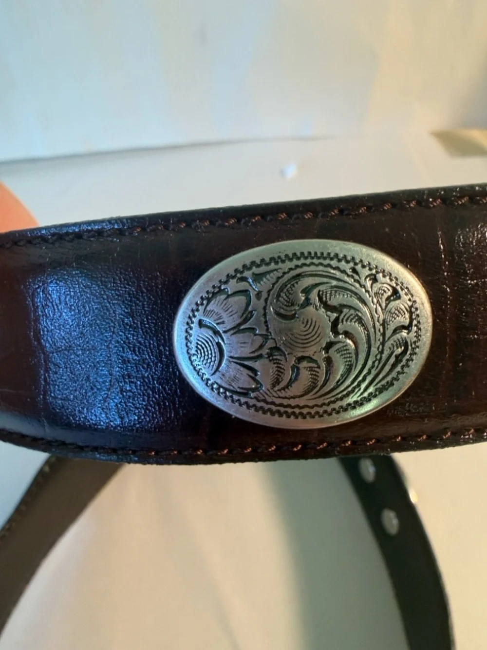 Vintage Western Leather Belt Silver Tone Conchos Engraved Buckle Brown Boho - Picture 4 of 7